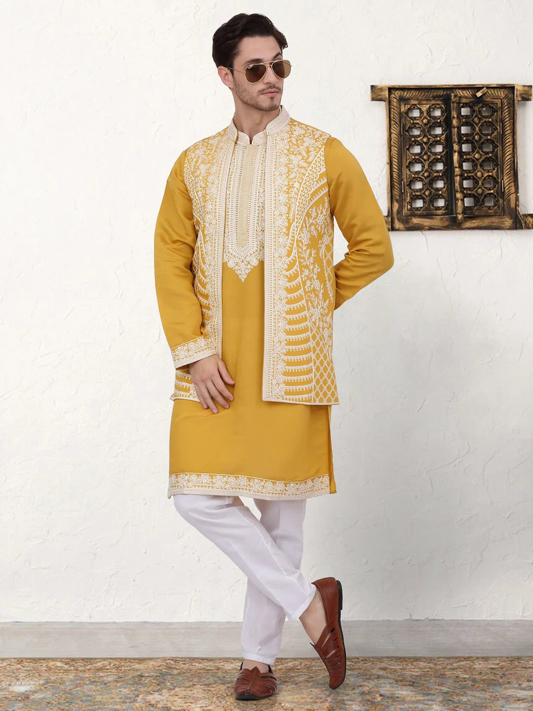 Mustard Embroidered Mens Kurta Pajama Set with Waistcoat - Style 1