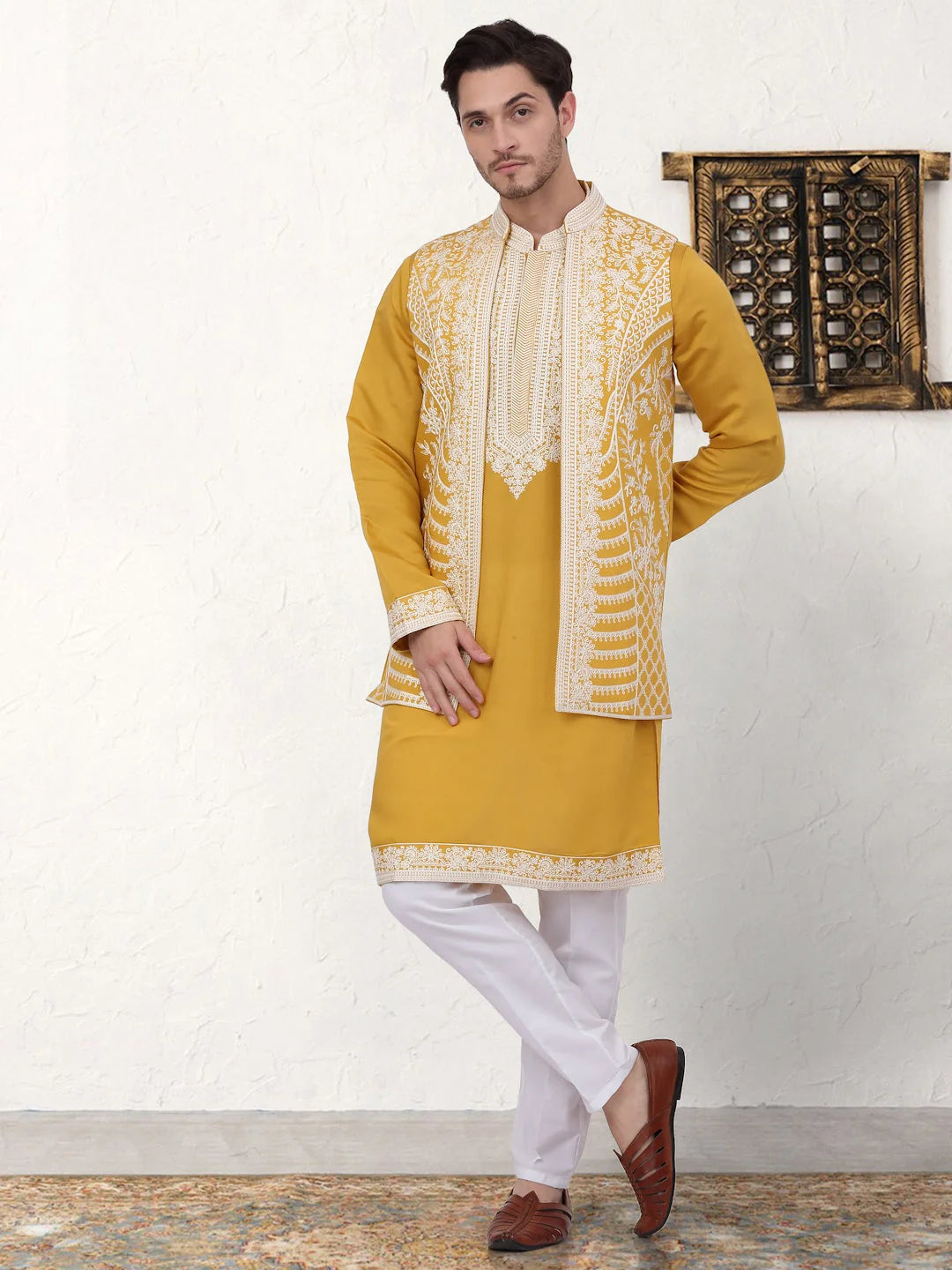 Mustard Embroidered Mens Kurta Pajama Set with Waistcoat - Style 1