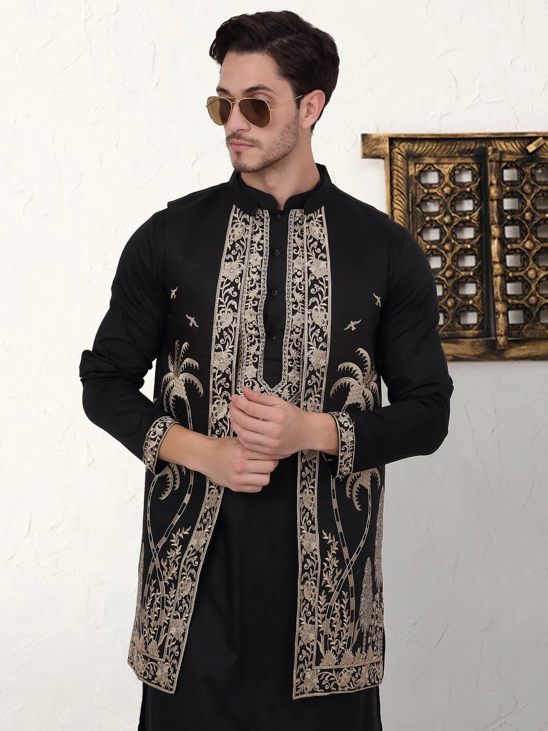 Embroidered Men's Kurta Pajama Set - Black Silk Blend Kurta