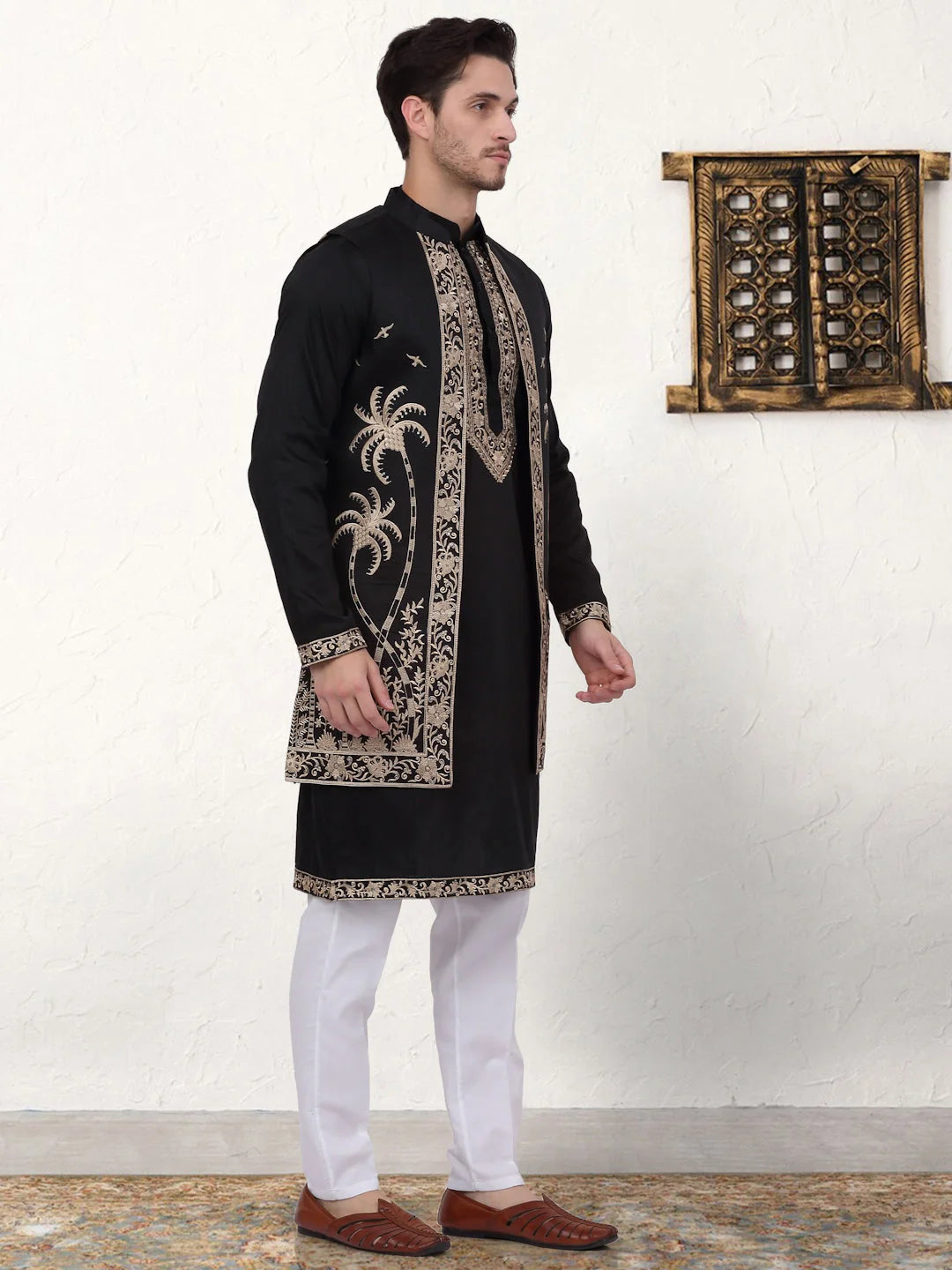 Embroidered Men's Kurta Pajama Set - Black Silk Blend Kurta