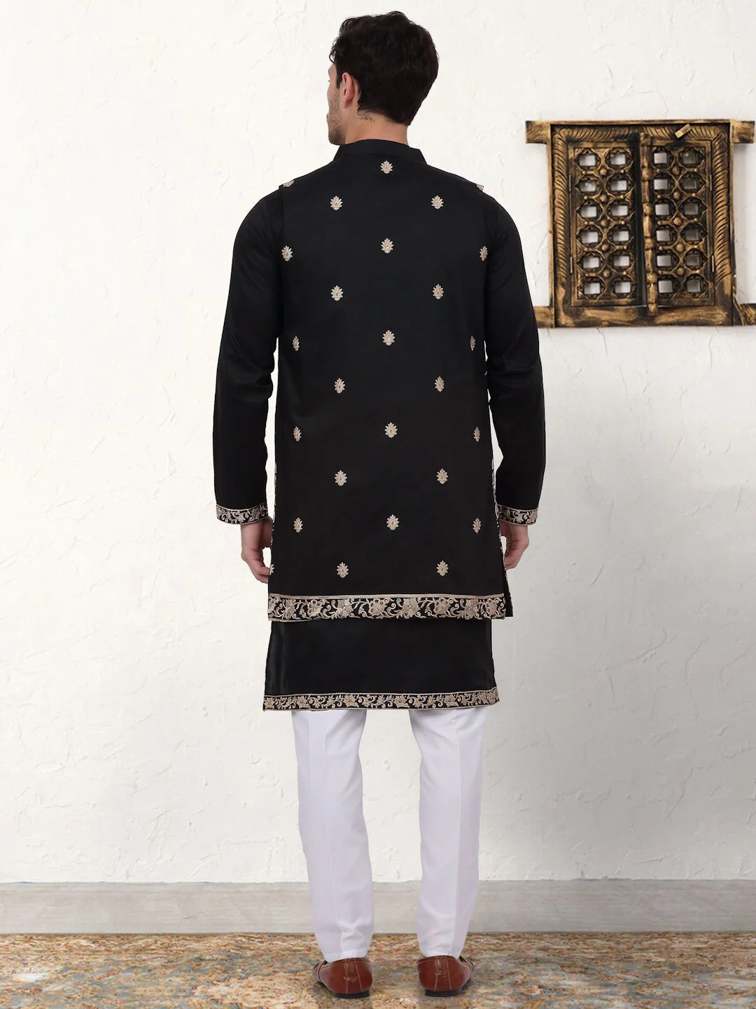 Embroidered Men's Kurta Pajama Set - Black Silk Blend Kurta