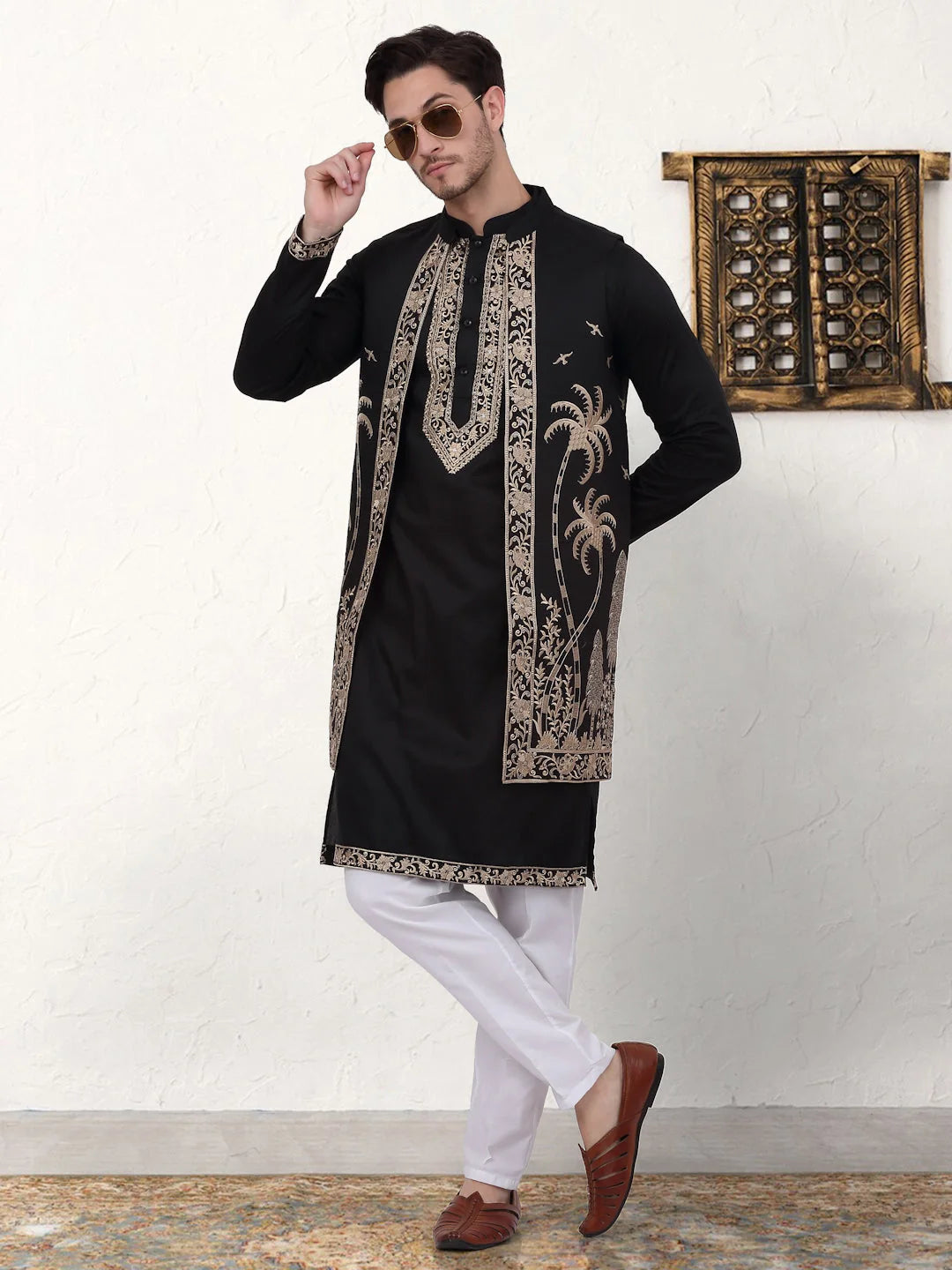 Embroidered Men's Kurta Pajama Set - Black Silk Blend Kurta
