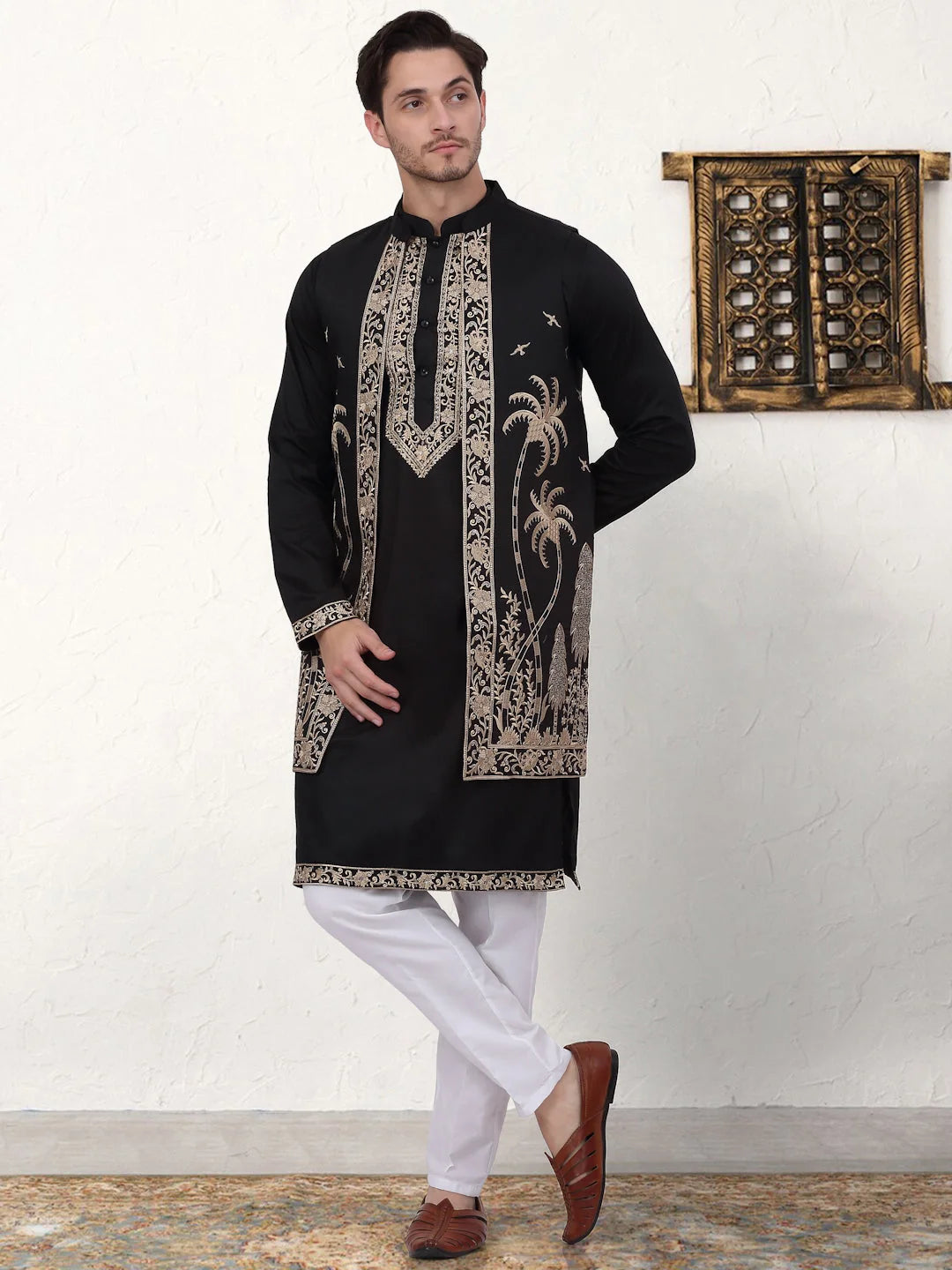 Embroidered Men's Kurta Pajama Set - Black Silk Blend Kurta