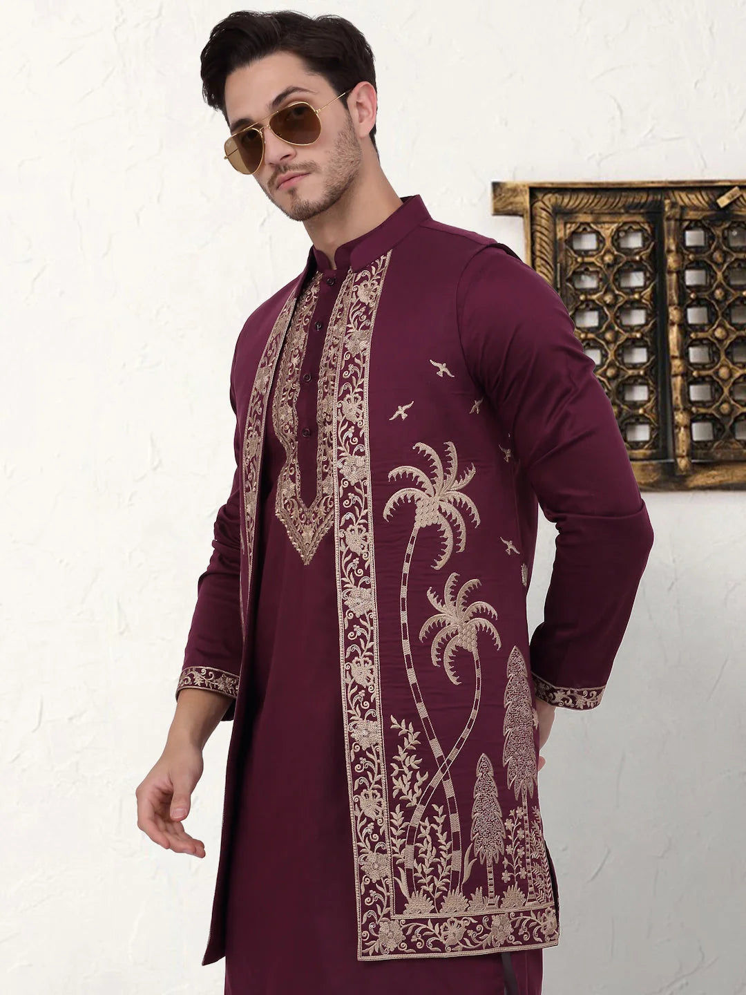 Purple Embroidered Mens Kurta Pajama Set with Waistcoat