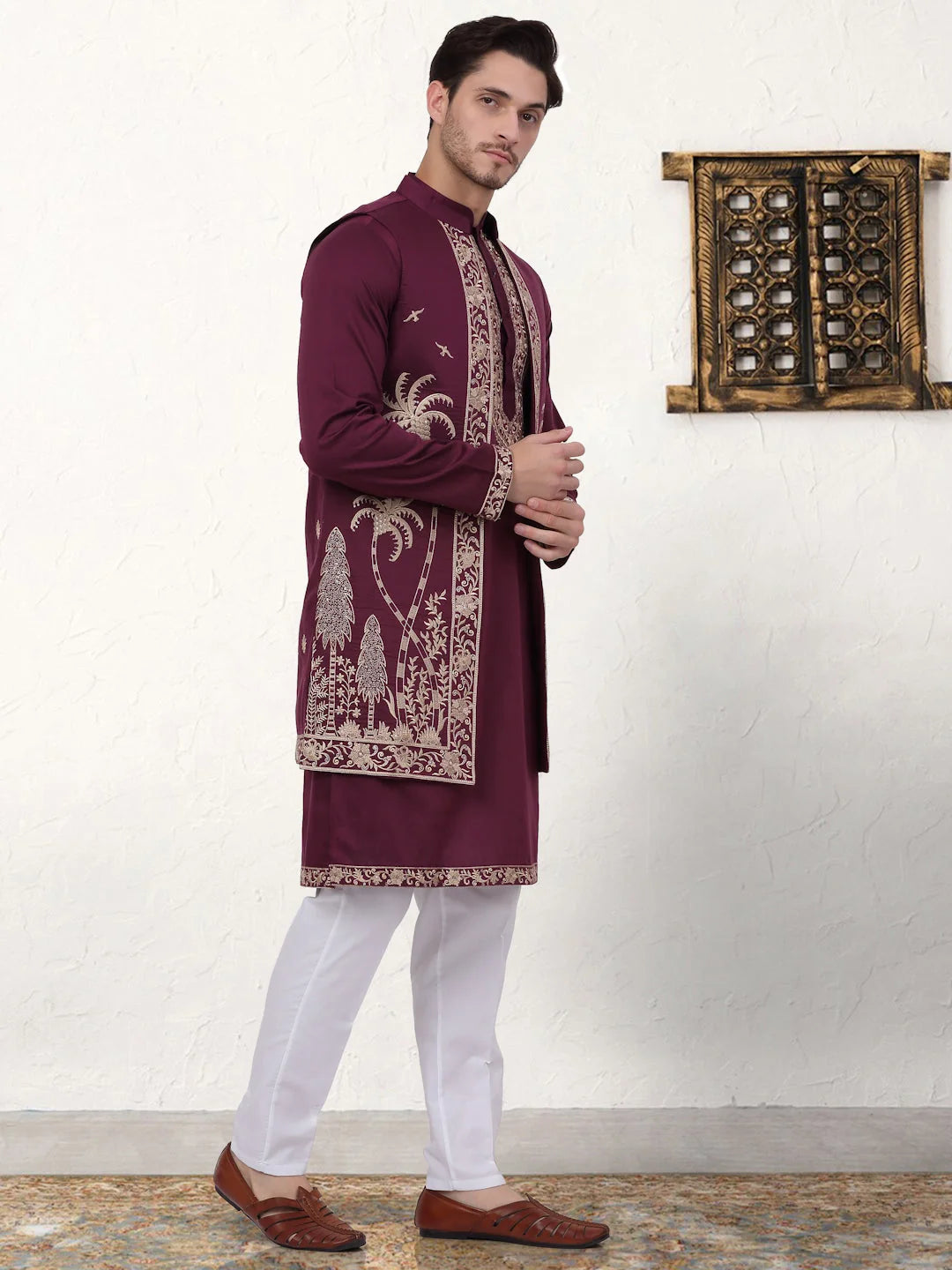 Purple Embroidered Mens Kurta Pajama Set with Waistcoat