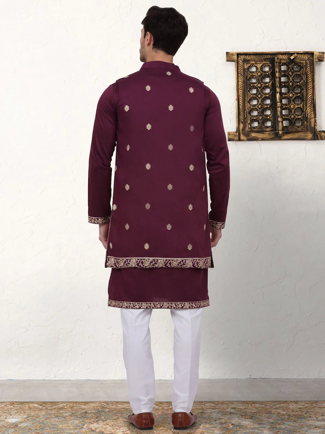 Purple Embroidered Mens Kurta Pajama Set with Waistcoat