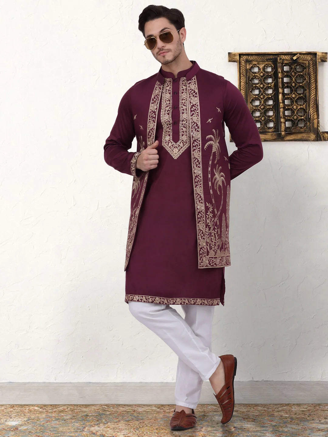 Purple Embroidered Mens Kurta Pajama Set with Waistcoat