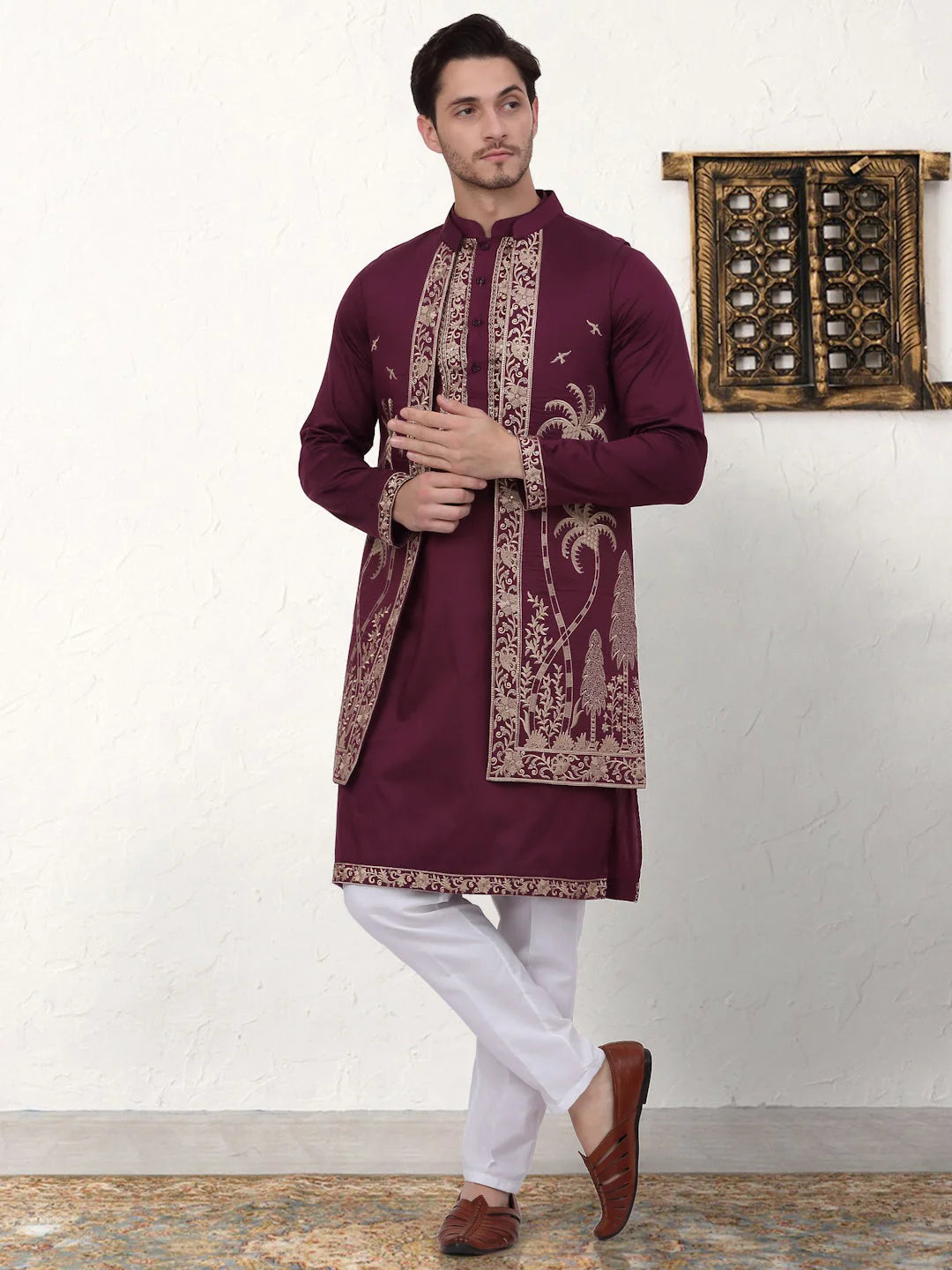 Purple Embroidered Mens Kurta Pajama Set with Waistcoat