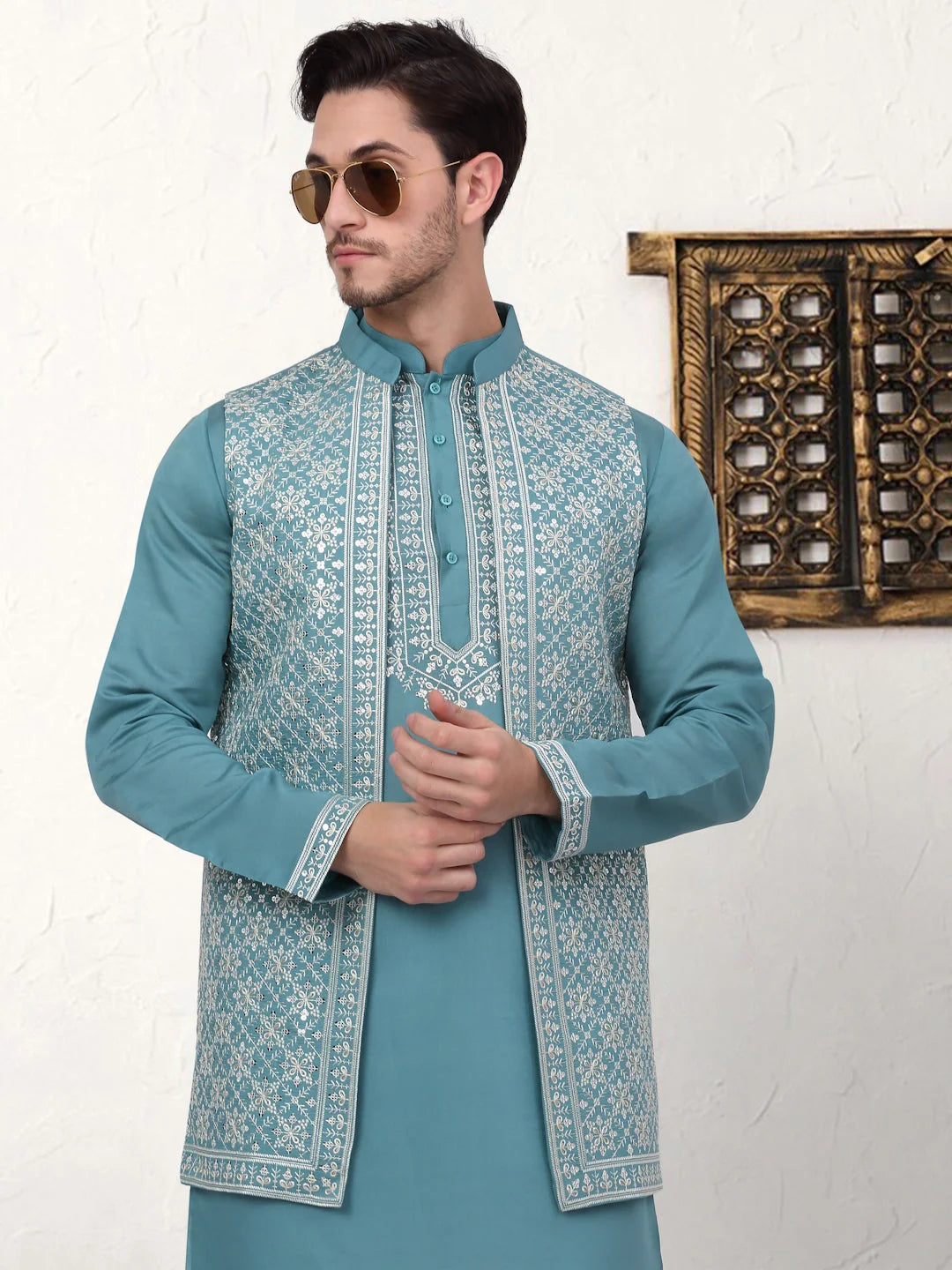 Blue Embroidered Mens Kurta Pajama Set with Waistcoat