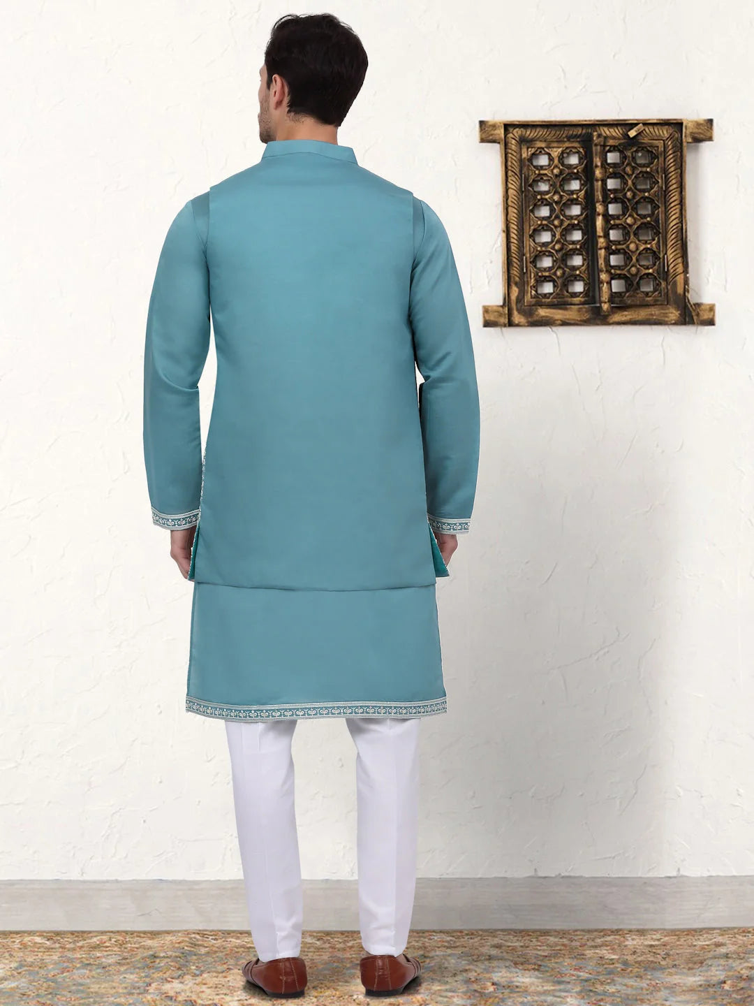 Blue Embroidered Mens Kurta Pajama Set with Waistcoat