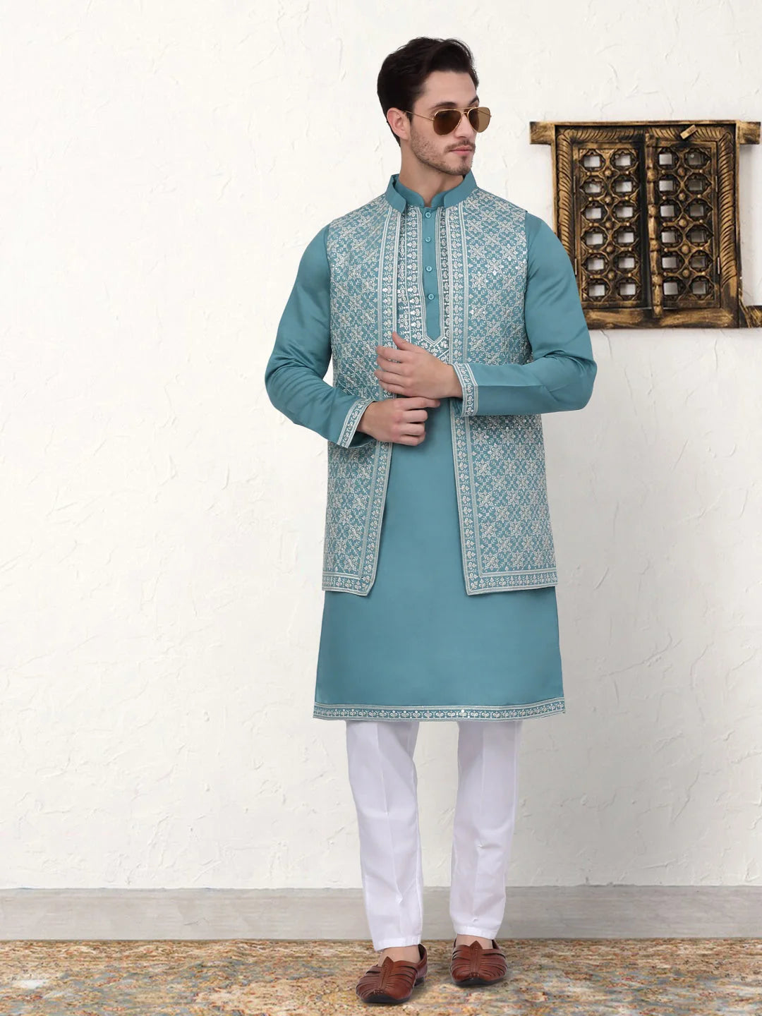 Blue Embroidered Mens Kurta Pajama Set with Waistcoat