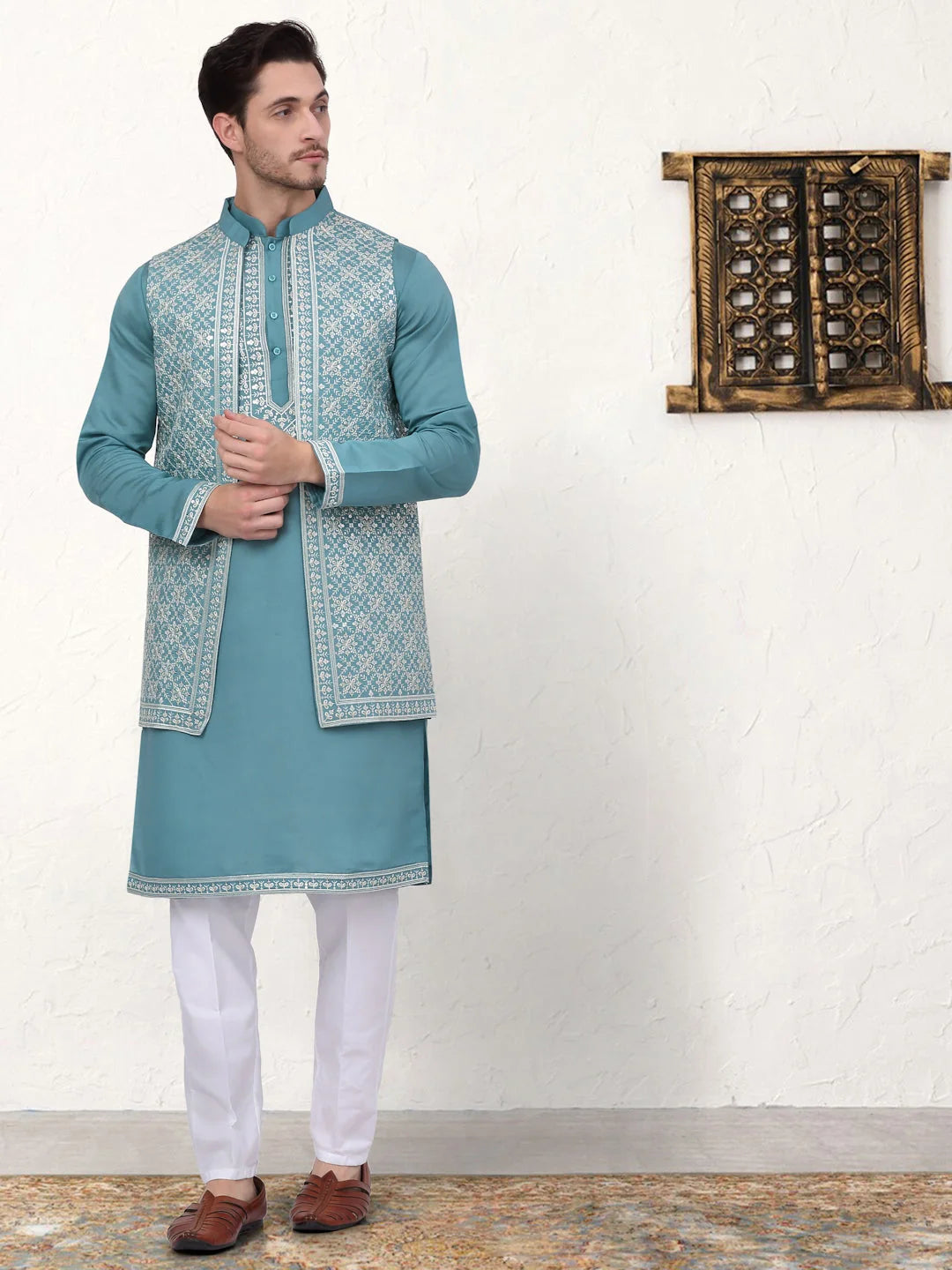 Blue Embroidered Mens Kurta Pajama Set with Waistcoat