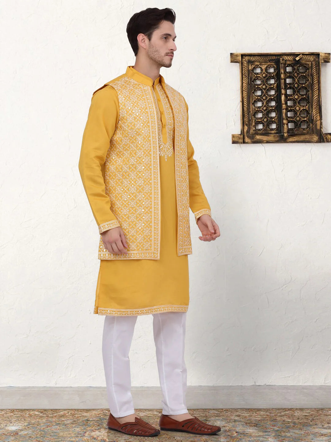 Mustard Embroidered Mens Kurta Pajama Set with Waistcoat