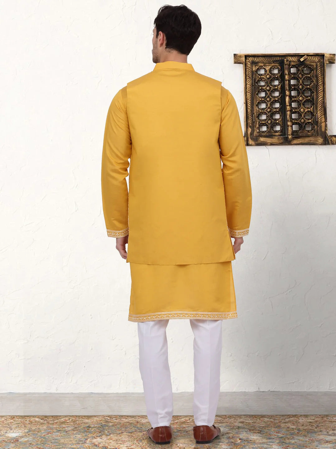 Mustard Embroidered Mens Kurta Pajama Set with Waistcoat