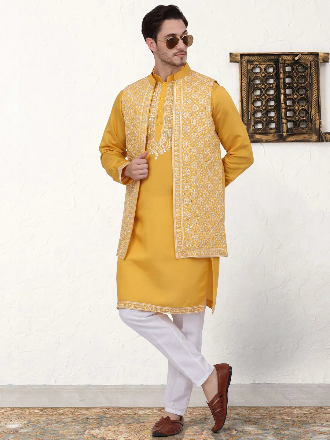 Mustard Embroidered Mens Kurta Pajama Set with Waistcoat