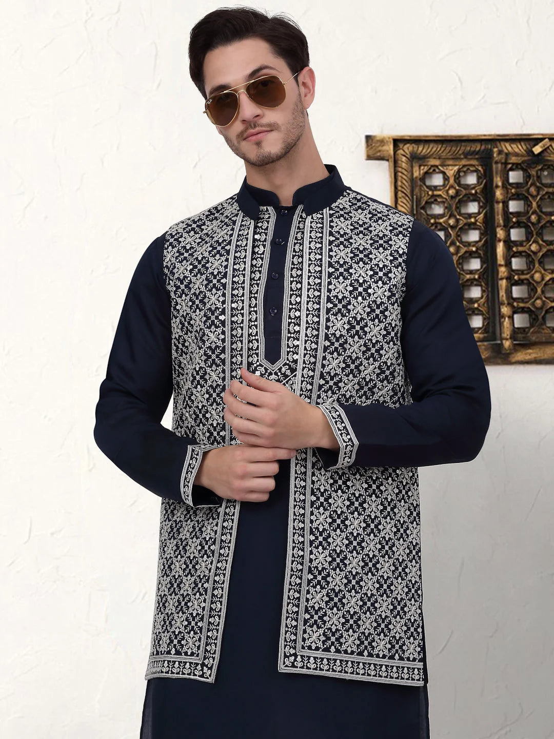 Navy Embroidered Mens Kurta Pajama Set with Waistcoat