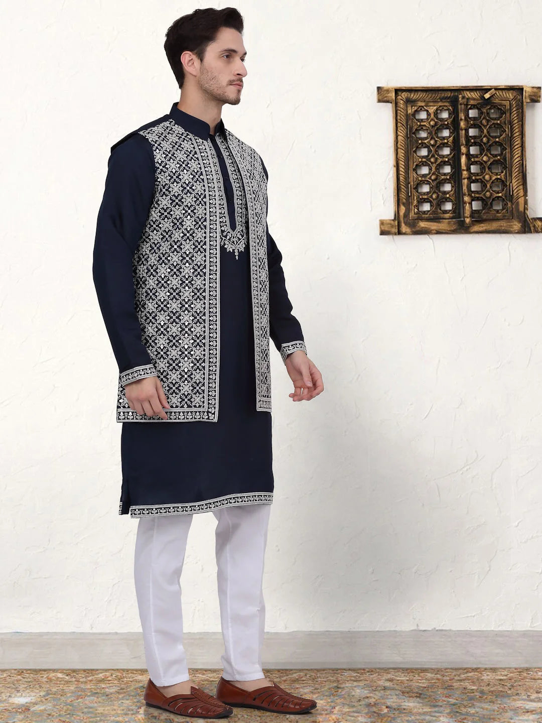 Navy Embroidered Mens Kurta Pajama Set with Waistcoat