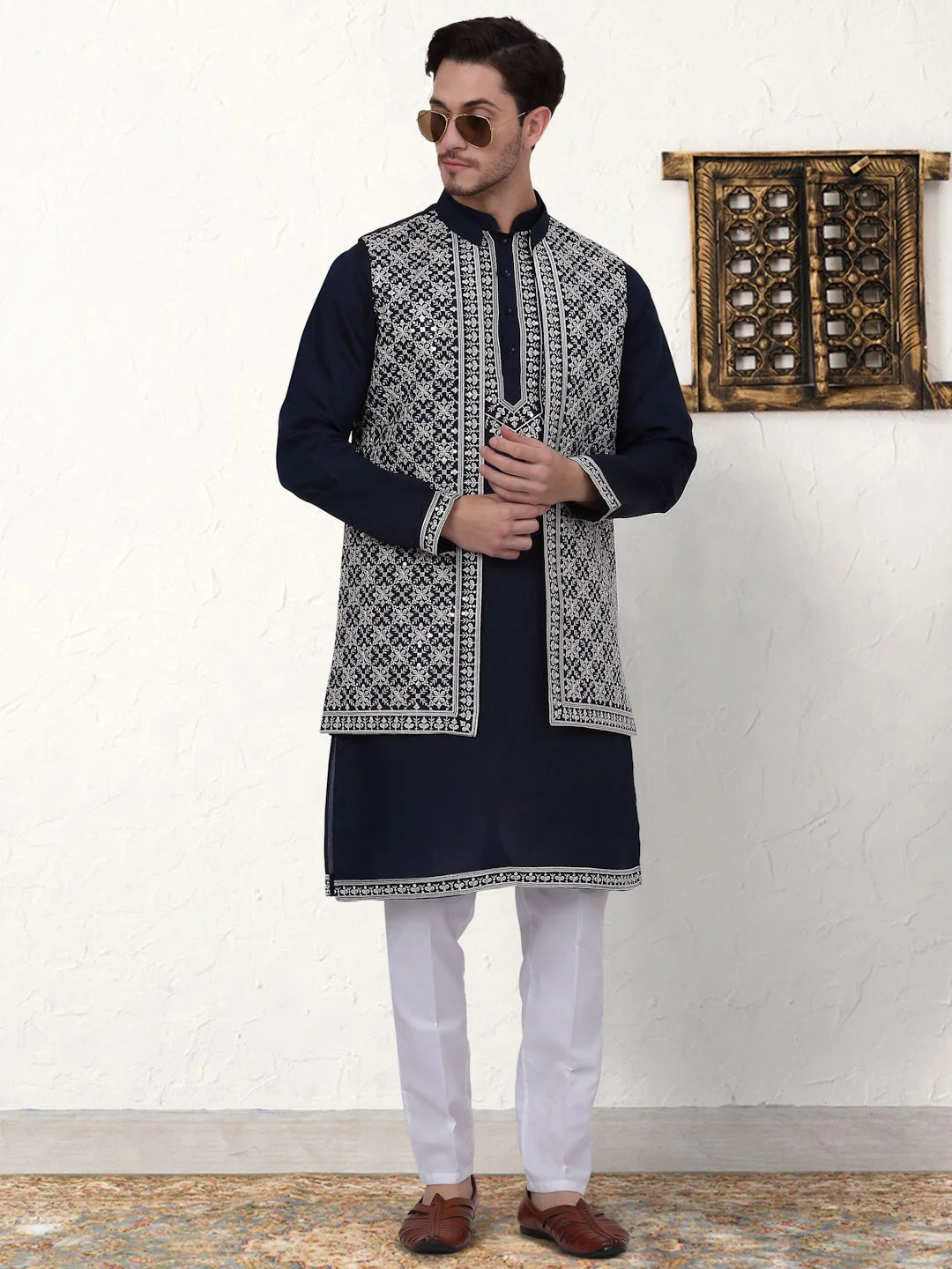 Navy Embroidered Mens Kurta Pajama Set with Waistcoat