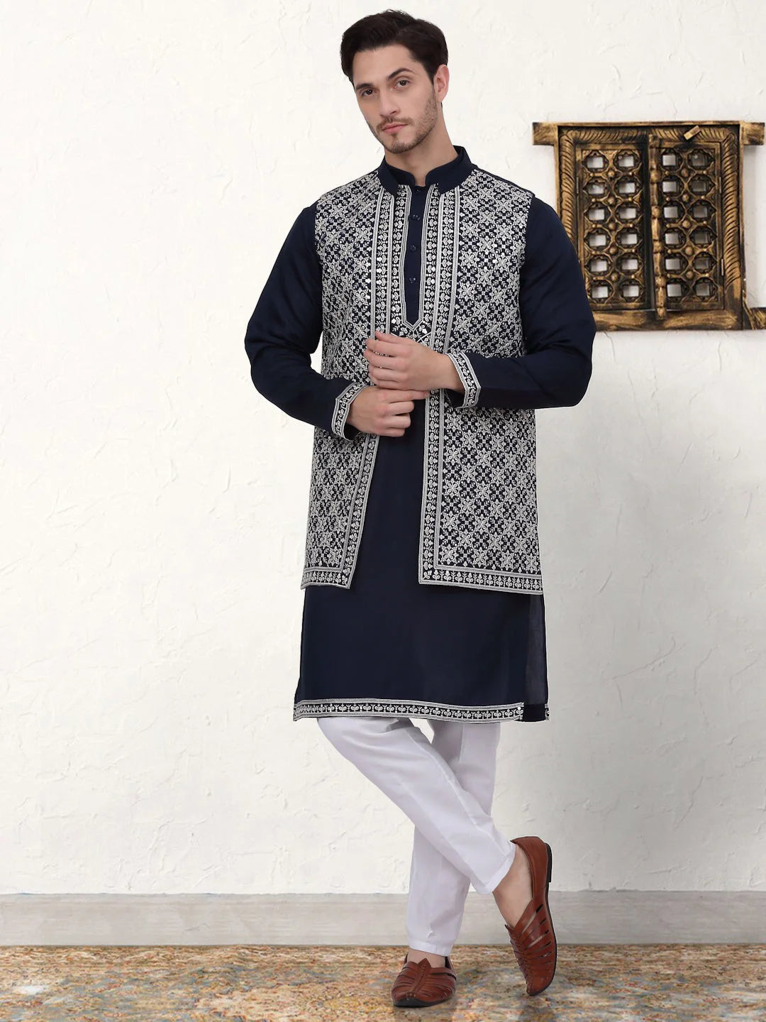 Navy Embroidered Mens Kurta Pajama Set with Waistcoat