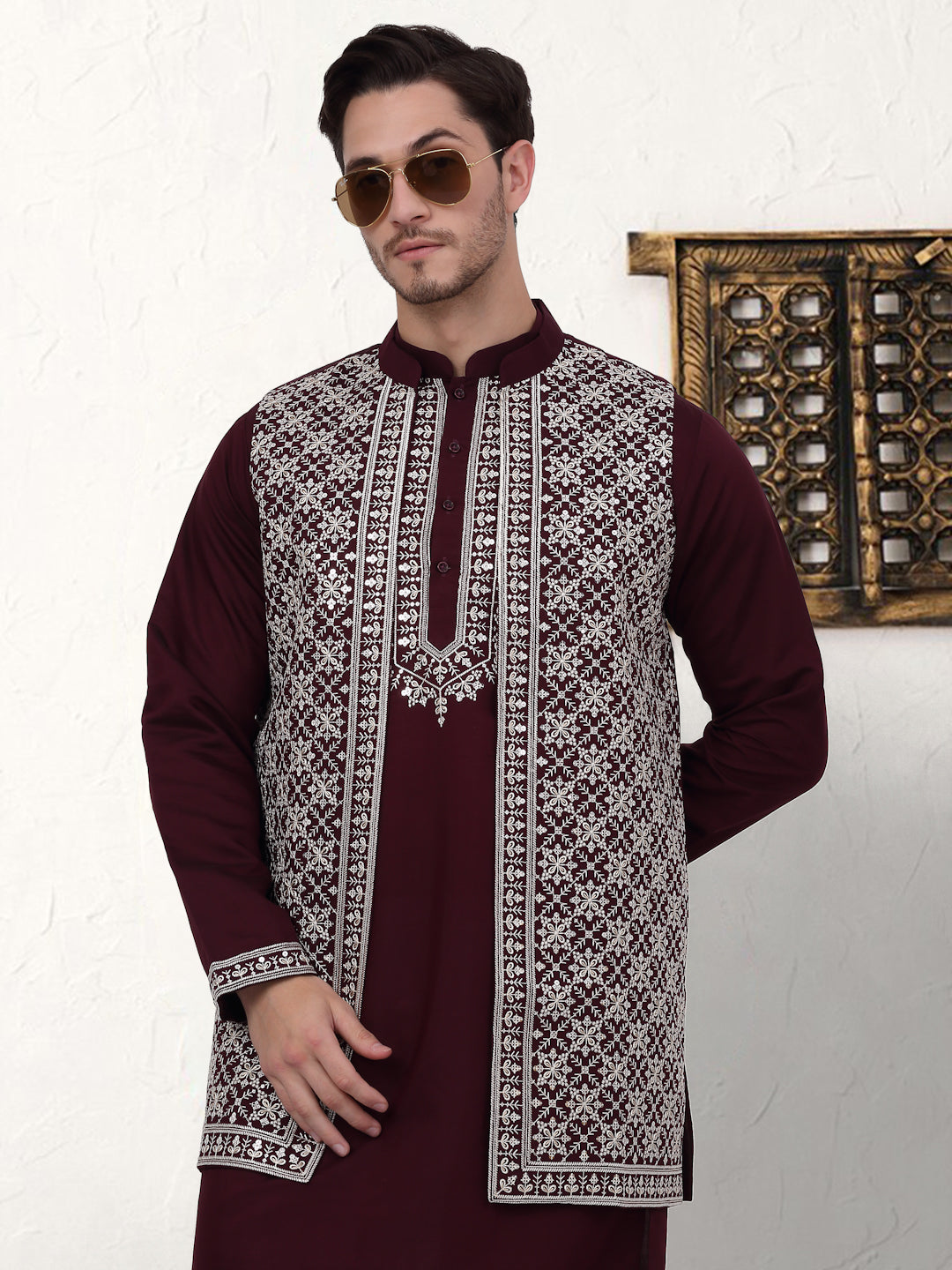 Embroidered Waistcoat Kurta Pajama Set - Mens Kurta Pajama
