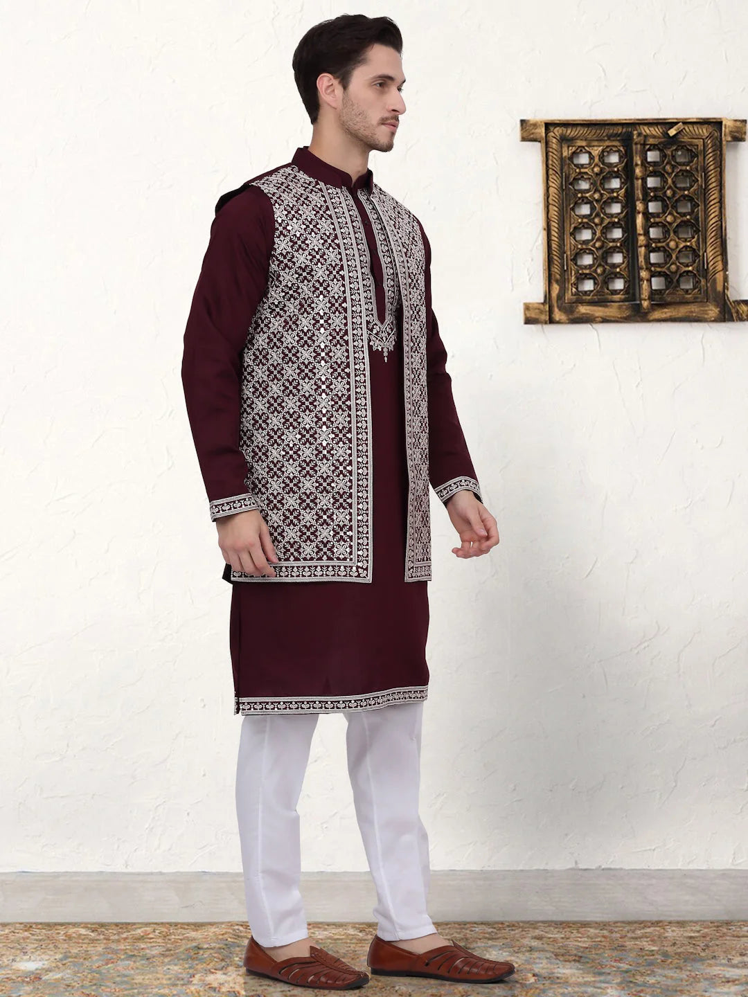 Embroidered Waistcoat Kurta Pajama Set - Mens Kurta Pajama