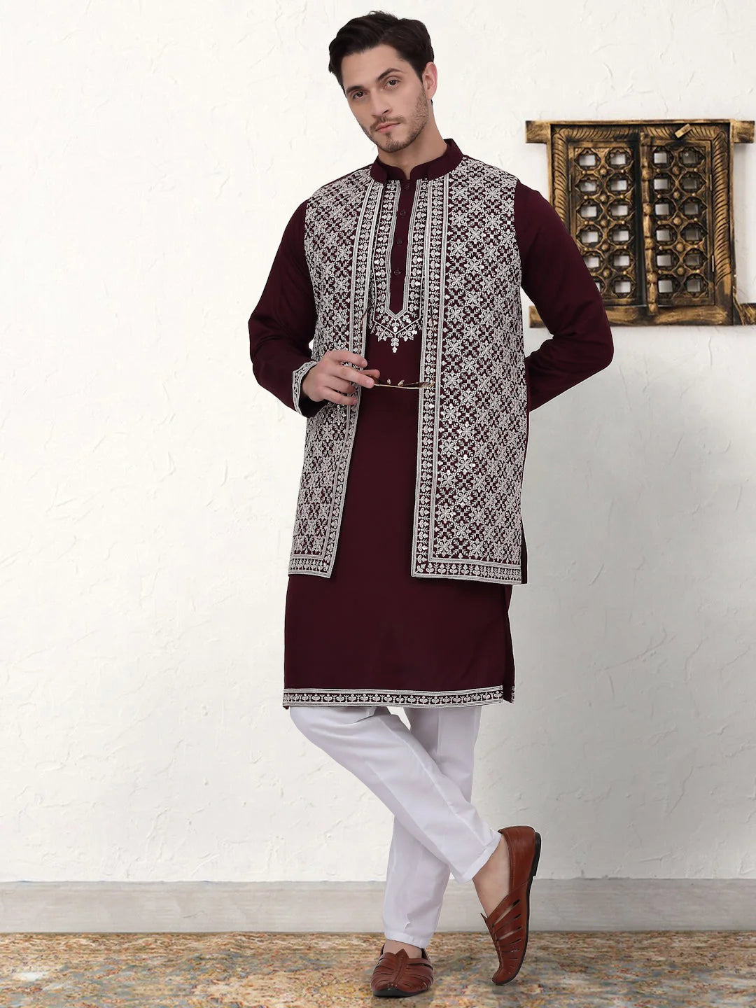 Embroidered Waistcoat Kurta Pajama Set - Mens Kurta Pajama