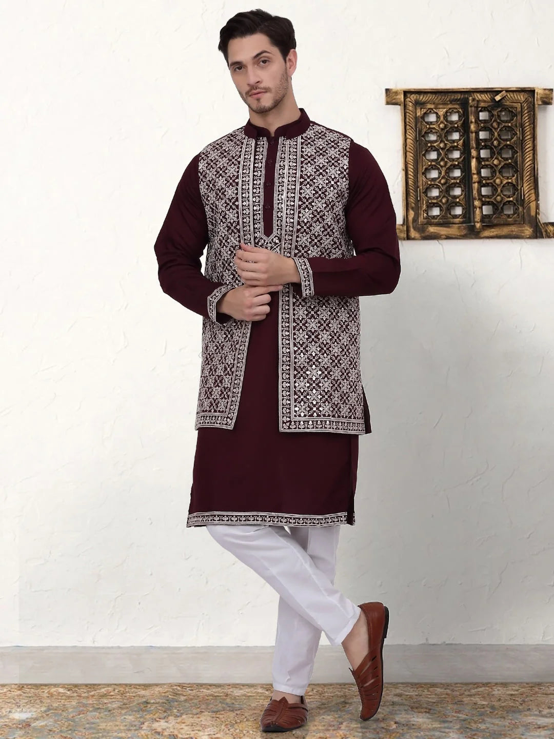 Embroidered Waistcoat Kurta Pajama Set - Mens Kurta Pajama