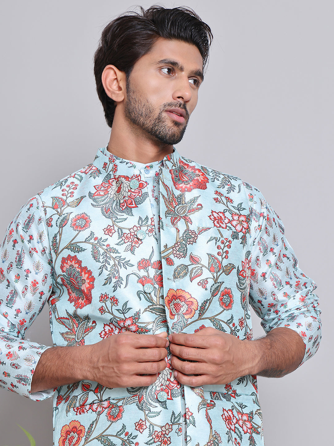 DesiQlo Men Printed Nehru Jacket and Kurta Pyjama Set - - JOKPWC_5148F