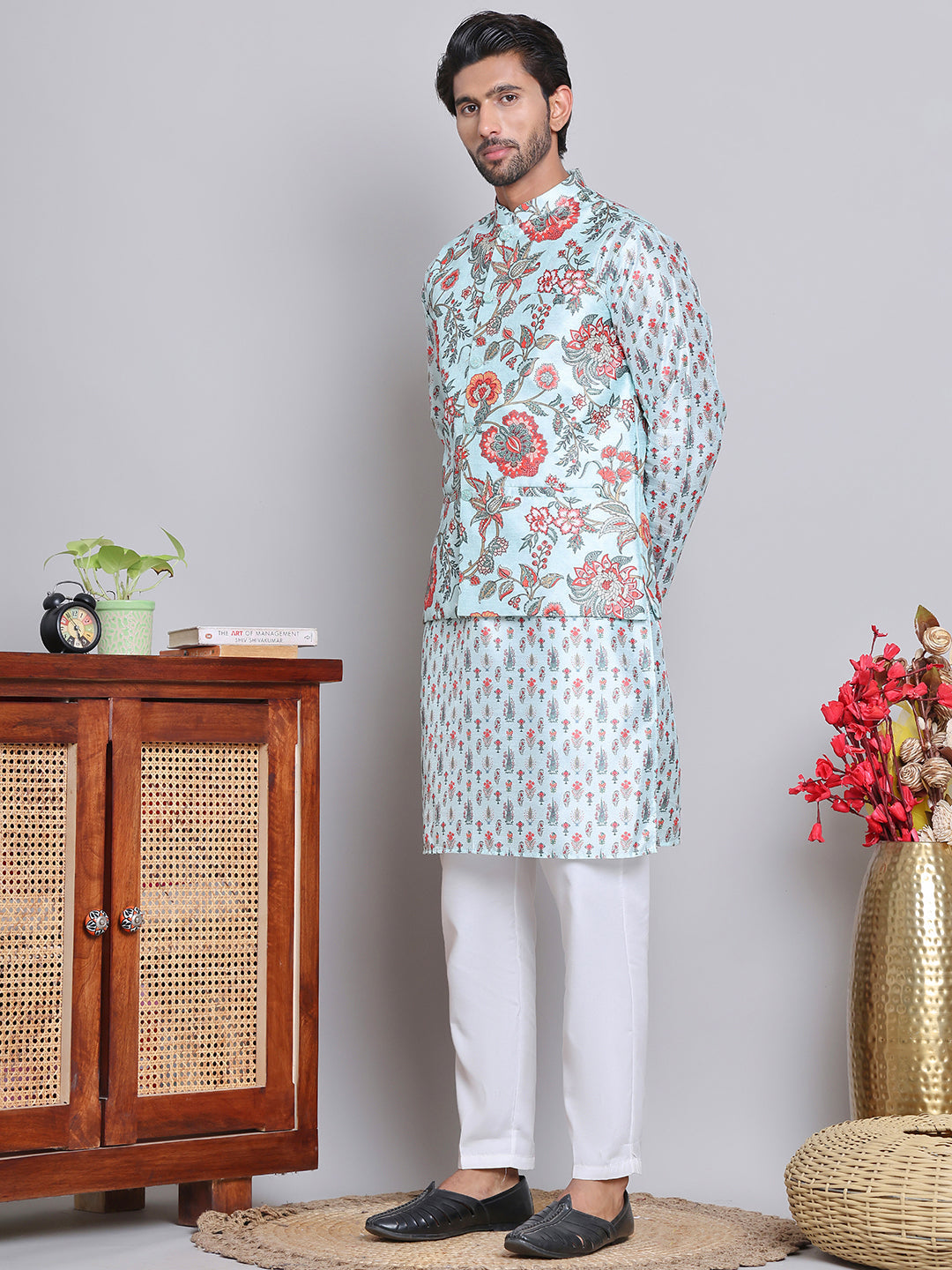 DesiQlo Men Printed Nehru Jacket and Kurta Pyjama Set - - JOKPWC_5148F