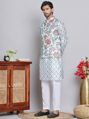 Printed Nehru Jacket & Kurta Pyjama Set ( JOKPWC 5148F 4122Firozi )