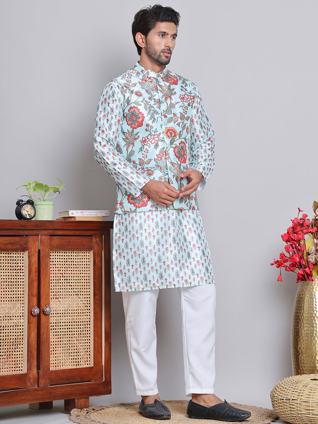 DesiQlo Men Printed Nehru Jacket and Kurta Pyjama Set - - JOKPWC_5148F