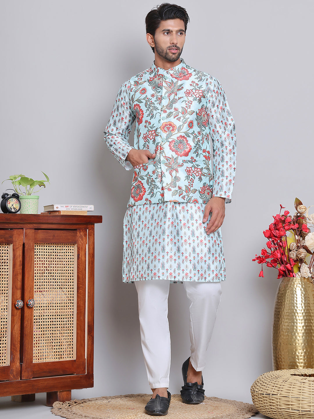 DesiQlo Men Printed Nehru Jacket and Kurta Pyjama Set - - JOKPWC_5148F