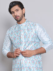 Printed Nehru Jacket & Kurta Pyjama Set ( JOKPWC 5148S 4122Sky )