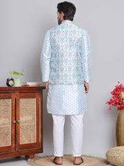 Printed Nehru Jacket & Kurta Pyjama Set ( JOKPWC 5148S 4122Sky )