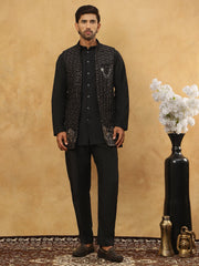 Men Solid Kurta Pyjama with Velvet Waistcoat ( 65KPWC 5509B 4148Black )