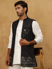 Men Solid Kurta Pyjama with Velvet Waistcoat ( 65KPWC 5509W 4148Black )