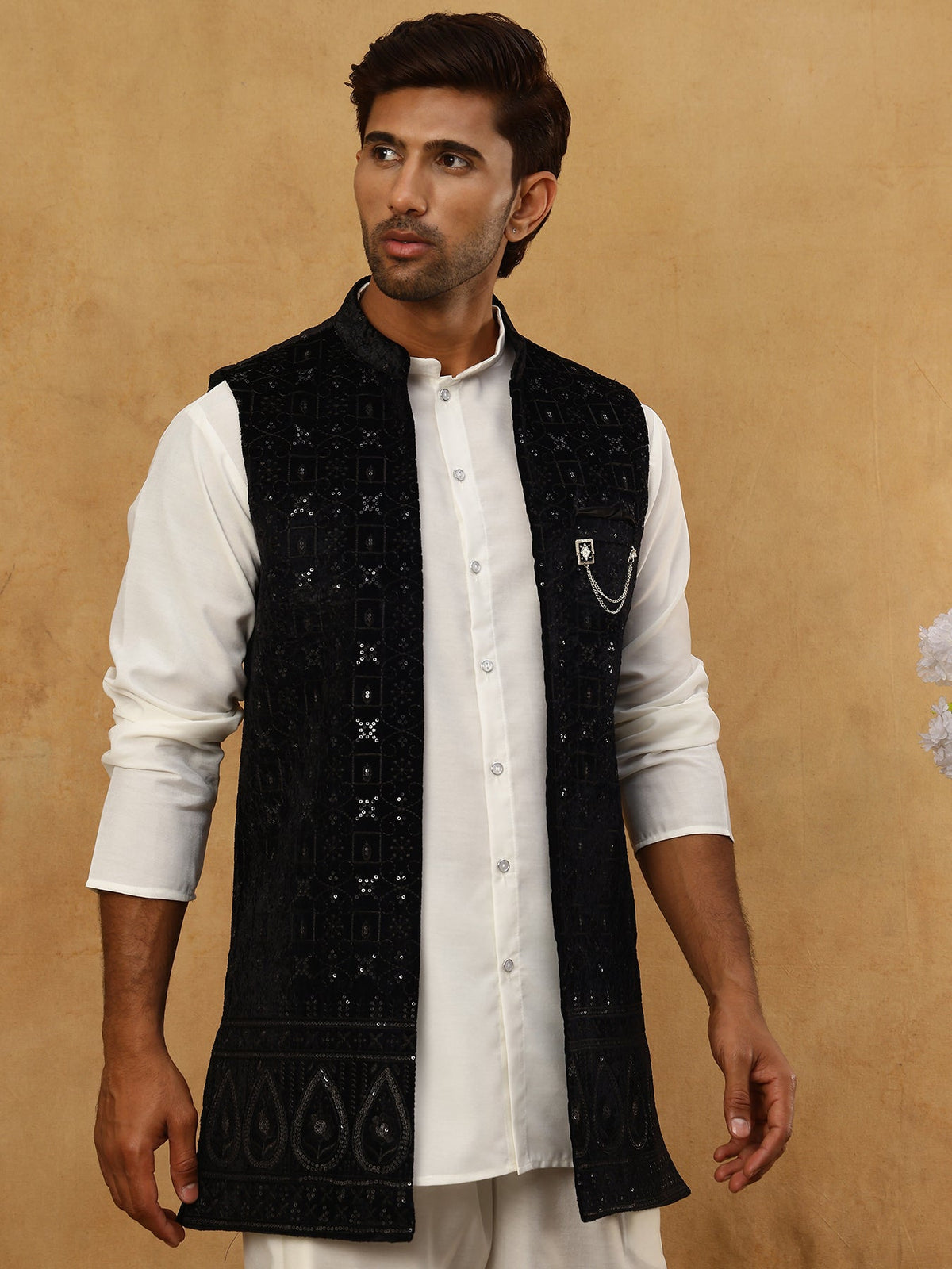 Men Solid Kurta Set with Velvet Embroidered Waistcoat ( 65KPWC 5509W 4149Black )