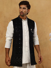 Men Solid Kurta Set with Velvet Embroidered Waistcoat ( 65KPWC 5509W 4149Black )