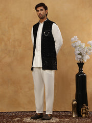 Men Solid Kurta Set with Velvet Embroidered Waistcoat ( 65KPWC 5509W 4149Black )