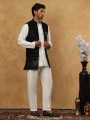 Men Solid Kurta Set with Velvet Embroidered Waistcoat ( 65KPWC 5509W 4149Black )