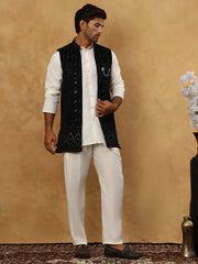 Men Solid Kurta Set with Velvet Embroidered Waistcoat ( 65KPWC 5509W 4149Black )