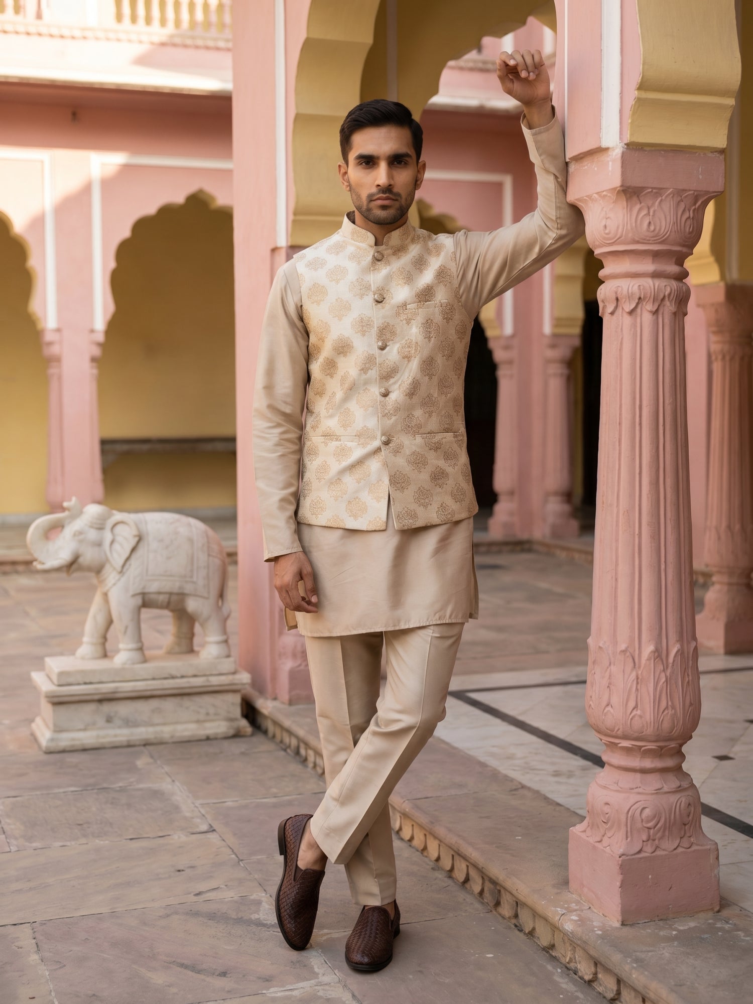 DesiQlo Men Printed Nehru Jacket and Kurta Pyjama Set - - JO 2cream
