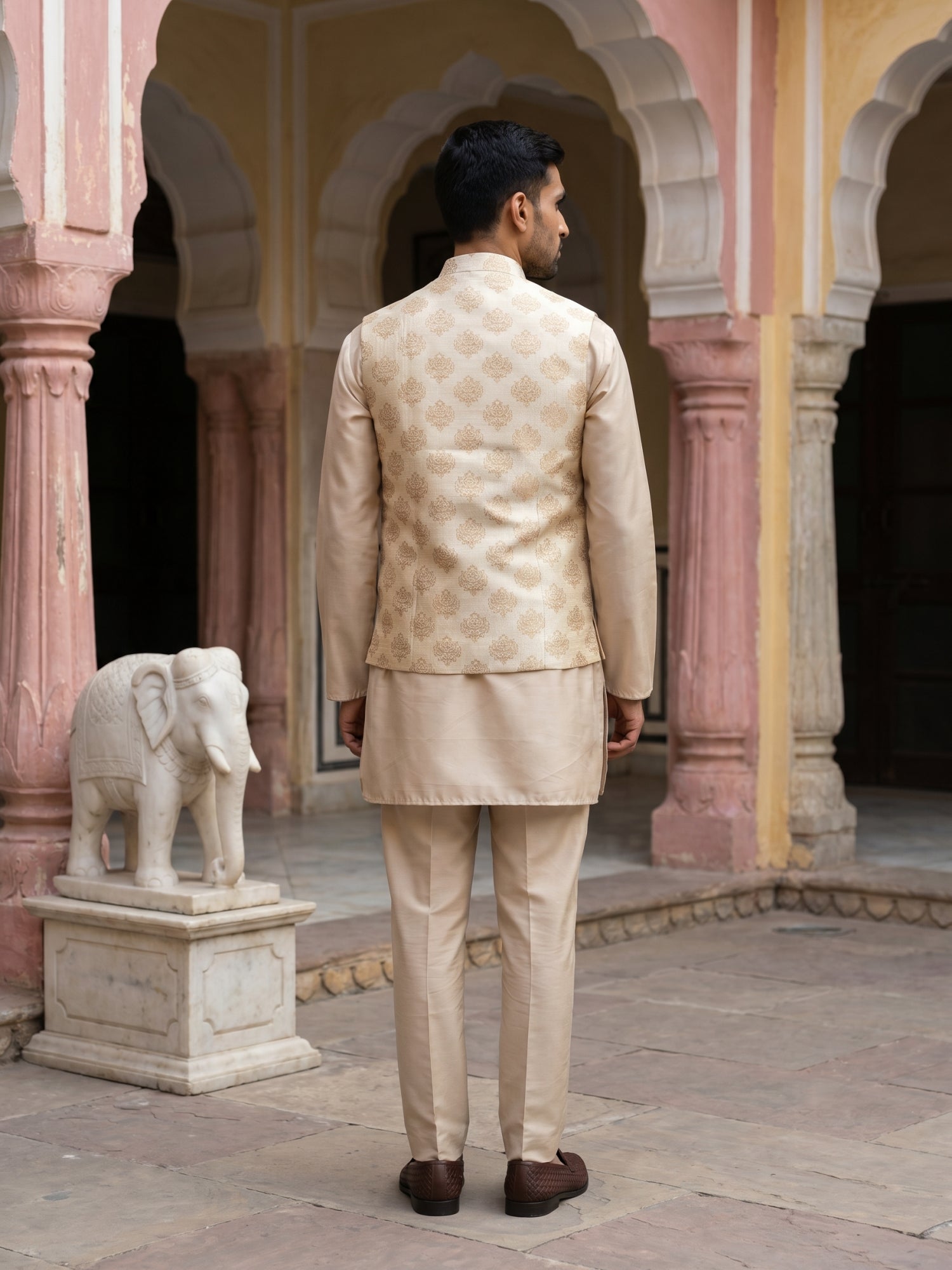 DesiQlo Men Printed Nehru Jacket and Kurta Pyjama Set - - JO 2cream