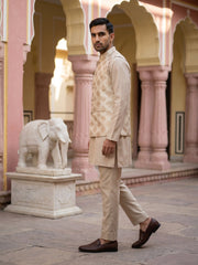 Printed Silk Blend Kurta Pyjama & Nehru Jacket Set ( JOKPWC 5586BG 4032Cream )