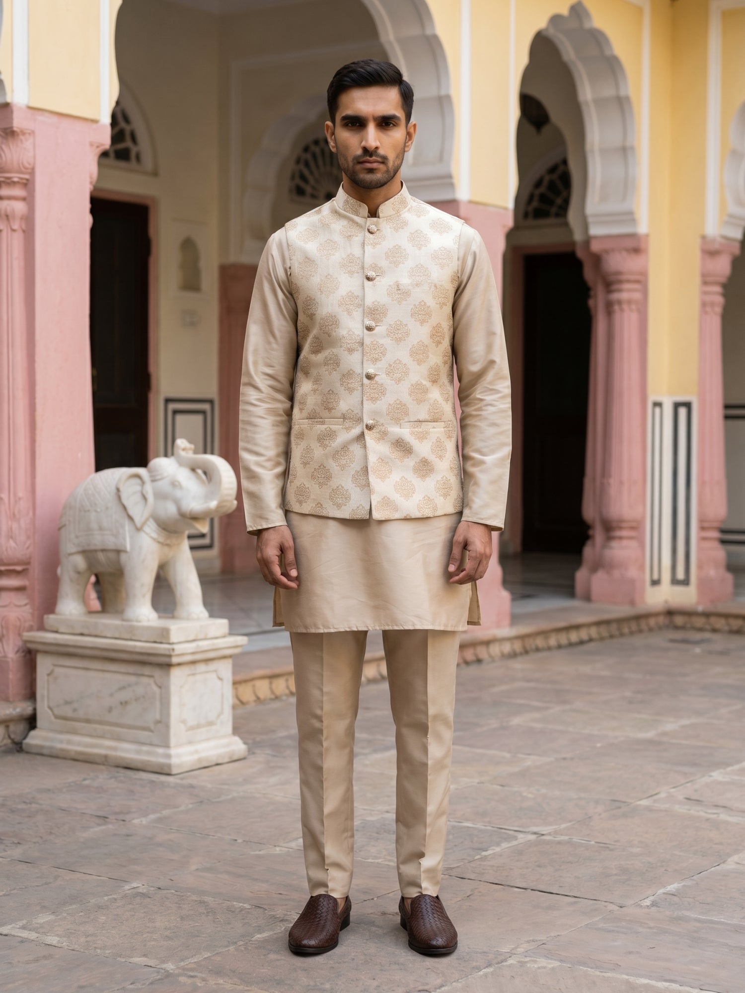 DesiQlo Men Printed Nehru Jacket and Kurta Pyjama Set - - JO 2cream