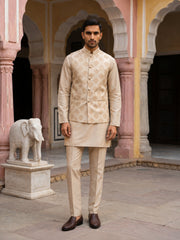Printed Silk Blend Kurta Pyjama & Nehru Jacket Set ( JOKPWC 5586BG 4032Cream )
