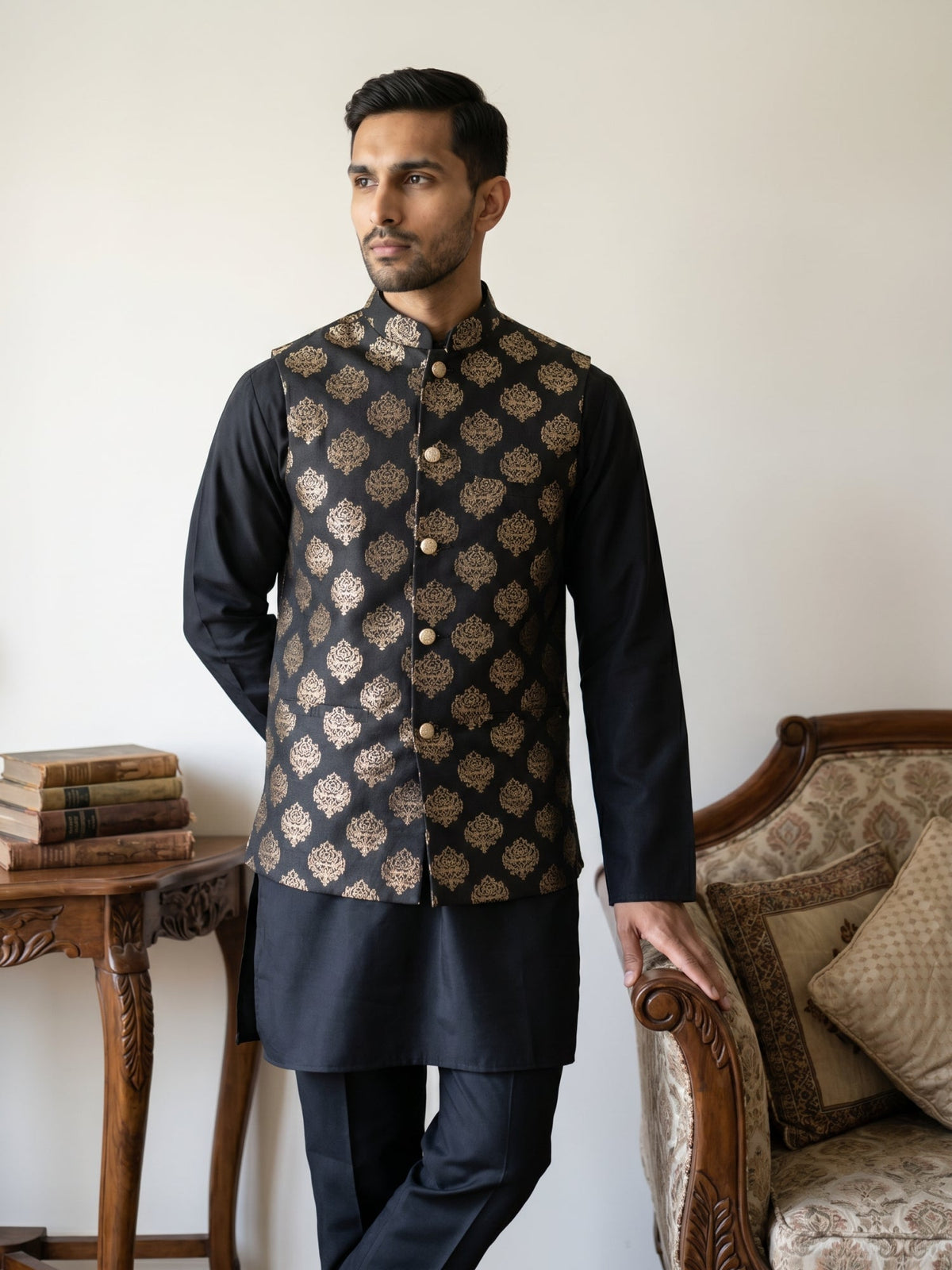 Printed Silk Blend Kurta Pyjama & Nehru Jacket Set ( JOKPWC 5586B 4032Black )