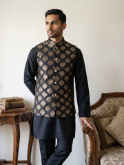 Printed Silk Blend Kurta Pyjama & Nehru Jacket Set ( JOKPWC 5586B 4032Black )