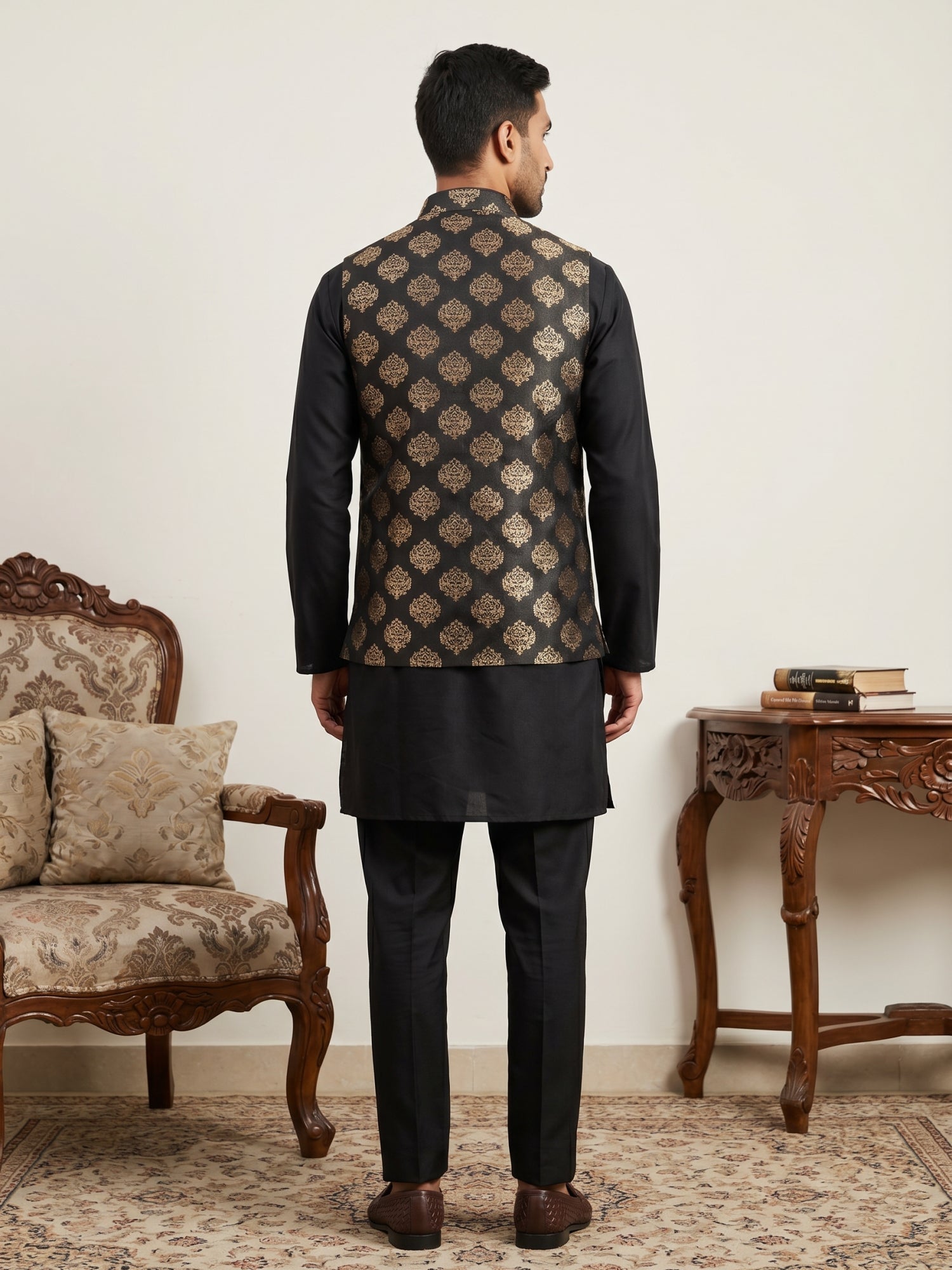 DesiQlo Men Printed Nehru Jacket and Kurta Pyjama Set - - JOKPWC_5586B