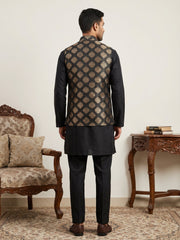 Printed Silk Blend Kurta Pyjama & Nehru Jacket Set ( JOKPWC 5586B 4032Black )